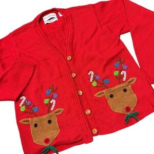Marisa‎ Christina Red Reindeer Ugly Y2K Christmas Sweater Cardigan Size L